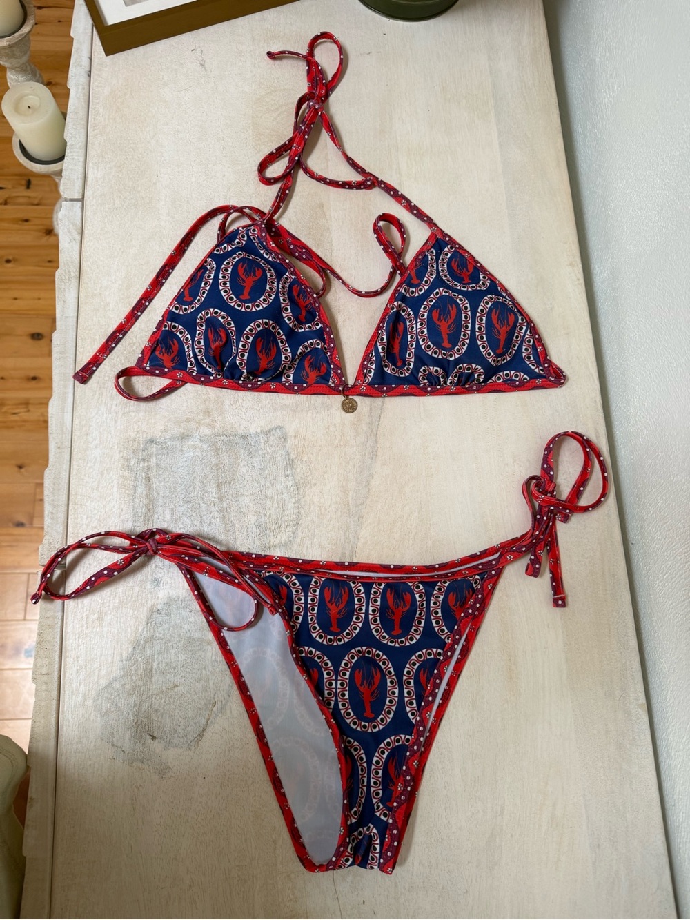 Navy & Red Lobster-Print Triangle Bikini Set